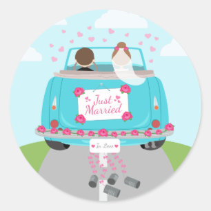 Just Married Green, Blue Turquoise Wedding Classic Round Sticker