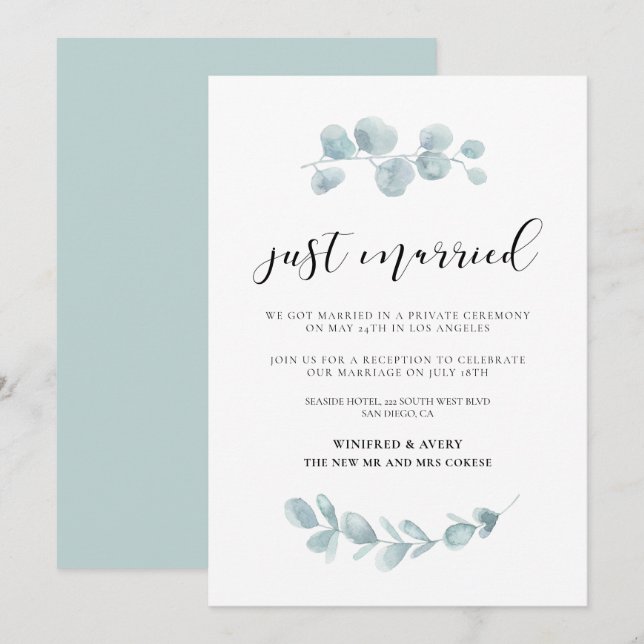Just married Greenery wedding announcement (Front/Back)