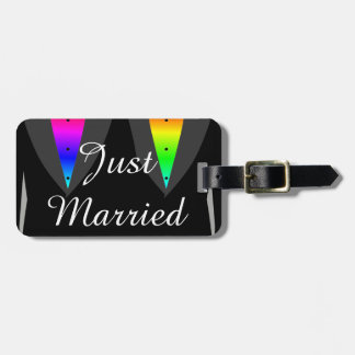 Just Married Grooms with Hearts Aglow with Pride Luggage Tag