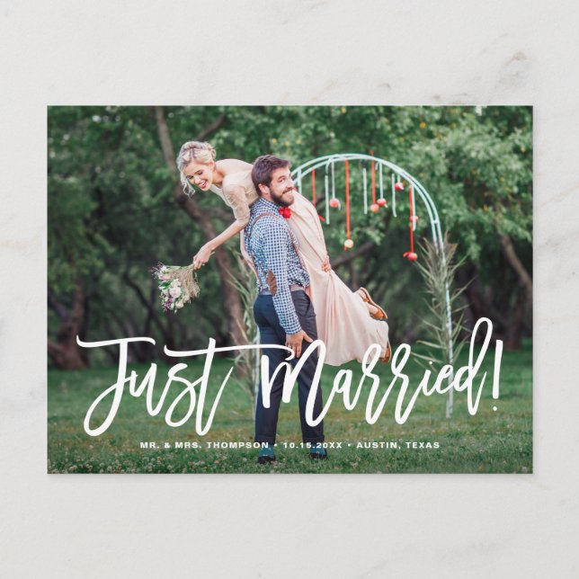 Just Married Hand Lettered Photo Wedding Announcement Postcard (Front)