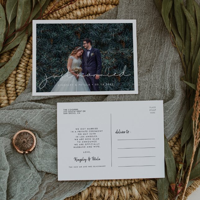 Just married Handwritten minimalist wedding photo Postcard (Creator Uploaded)