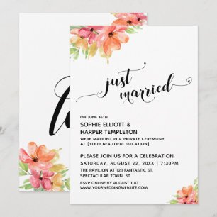 Just Married Hearts Script Watercolor Flowers Invitation