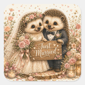 Just Married Hedgehog Romantic Cottagecore Wedding Square Sticker
