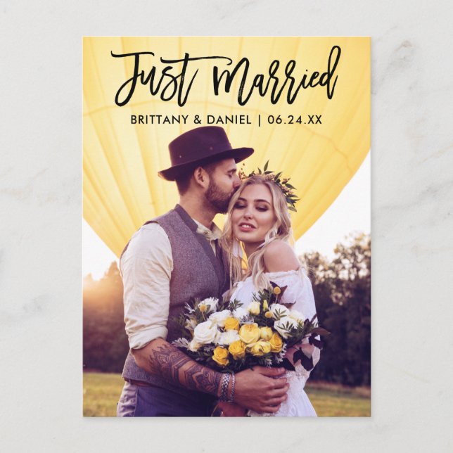 Just Married Modern Brush Script Photo Wedding Postcard (Front)