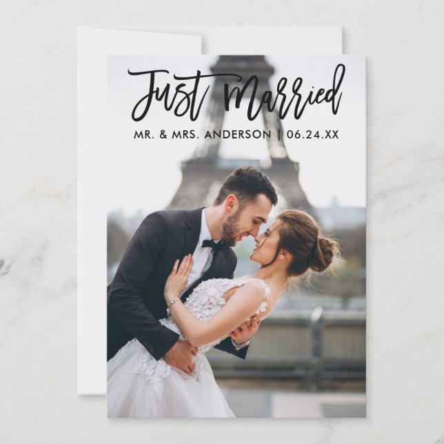Just Married Modern Brush Script Wedding Photo Announcement (Front)