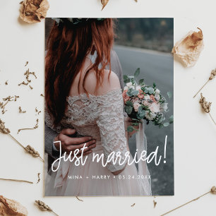 Just married Modern calligraphy wedding photo Postcard