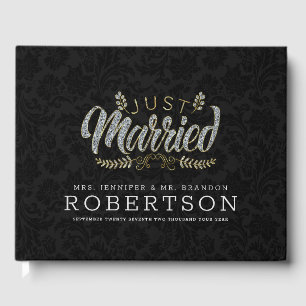 Just married modern glam typography black damask guest book