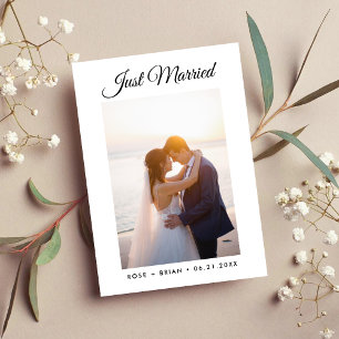 Just Married Modern Script Custom Photo Wedding Announcement