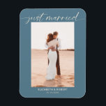 Just Married Modern Script Photo Blue Wedding Magnet<br><div class="desc">Simple and elegant dusty blue "Just Married" wedding announcement magnetic card. Edit this to add your own photo.</div>