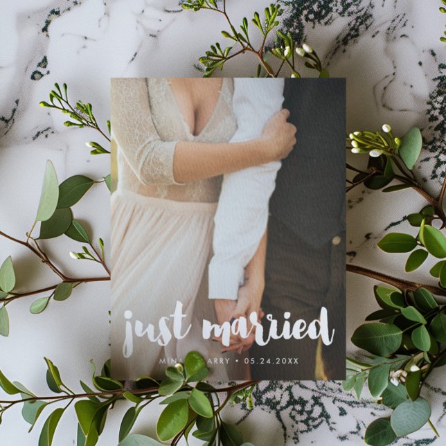 Just married Modern typography wedding photo Postcard (Creator Uploaded)
