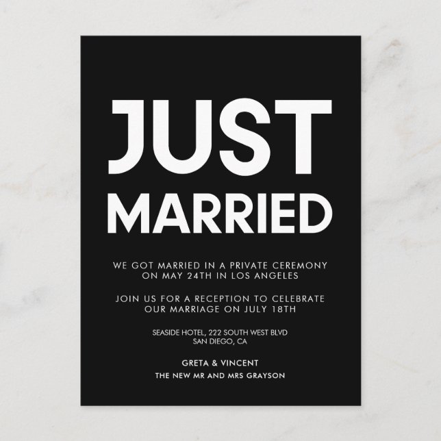Just married Modern wedding announcement Postcard (Front)