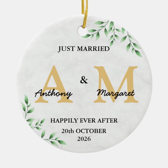 Just Married Monogram Names Mr & Mrs 2022 Ceramic Tree Decoration (Front)