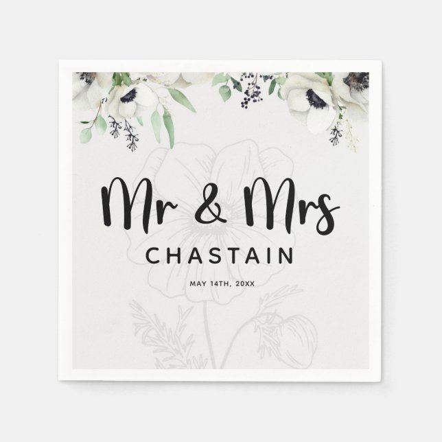 Just Married Mr. & Mrs. | Wedding Floral Monogram  Napkin (Front)
