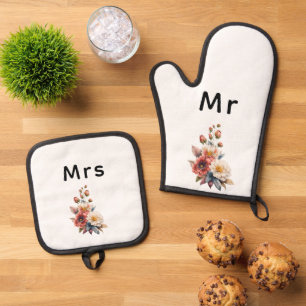 Just Married Mr. & Mrs.   Wedding Floral Monogram  Oven Mitt & Pot Holder Set