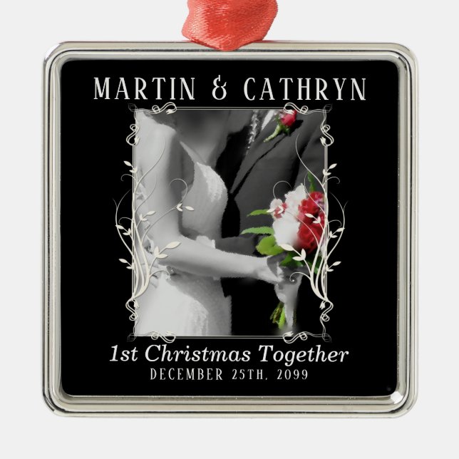 Just Married Name with Year 1st Christmas Metal Tree Decoration (Front)