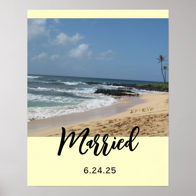 Just Married Names in Sand Poster (Front)