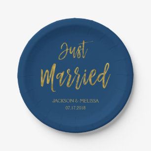 Just Married Navy Blue and Gold Foil Paper Plates