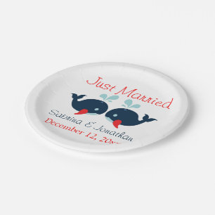 Just Married Navy Blue Red Whales Nautical Wedding Paper Plate