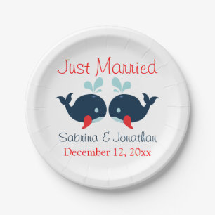 Just Married Navy Blue Red Whales Nautical Wedding Paper Plate