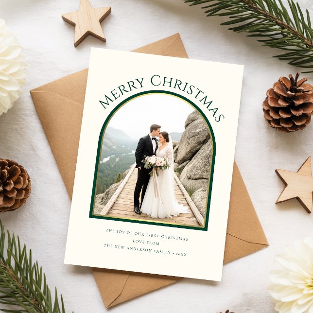 Just Married Newlywed Couple Arch Photo Christmas Holiday Card (Creator Uploaded)