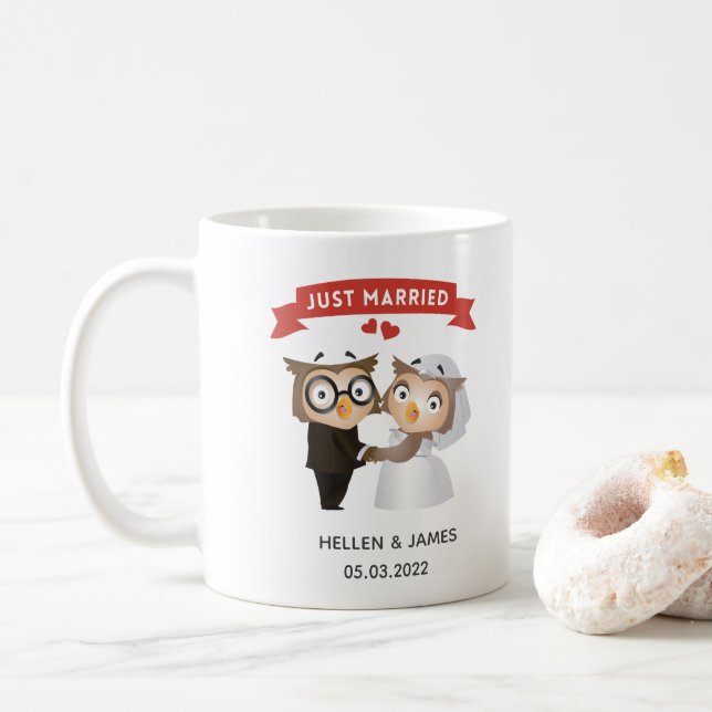 Just Married Owl Wedding  Coffee Mug (With Donut)