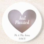 Just married pearl and purple heart wedding coaster<br><div class="desc">"Just Married" pearl and purple heart personalized bride and groom coasters.
A sweet customized gift for the newly weds.
The names and wedding date can be changed as desired.
Matching cups are also available in this beautiful and modern design.</div>