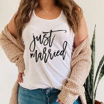 Just Married Personalized Typography Singlet<br><div class="desc">Set off on your honeymoon with our super cute bride tank featuring "Just Married" on the front in black handwritten style brush marker typography lettering. Personalize the back with your choice of text -- we love it with "The New Mrs" and your new last name.</div>