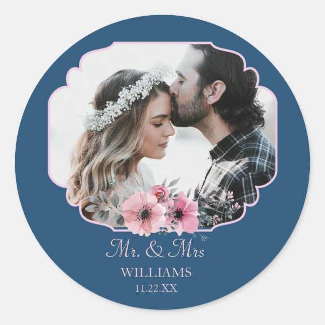 Just Married Photo Portrait Marriage Anniversary Classic Round Sticker (Front)