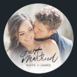 Just Married Photo Wedding Favour Classic Round Sticker<br><div class="desc">Customise these "just married" wedding favour stickers with your favourite photograph and names.</div>
