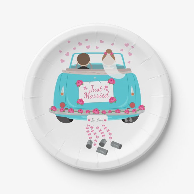 Just Married Pink Blue Wedding Bride Groom Paper Plate (Front)