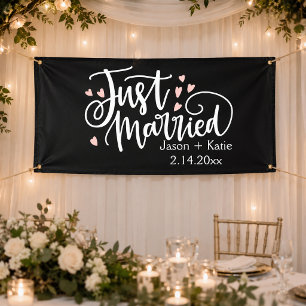 Just Married pink hearts script names Wedding Day Banner