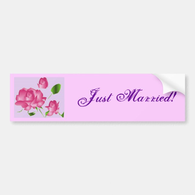 "Just Married" Pink Lavender Rose Bumper Sticker (Front)