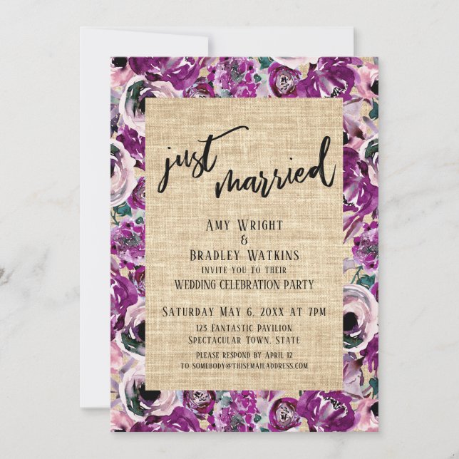 Just Married Pink Painted Flowers Burlap Reception Invitation (Front)