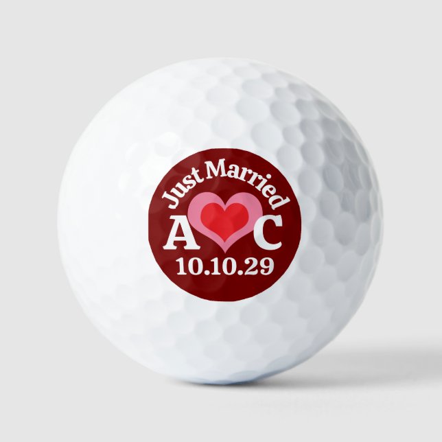 JUST MARRIED Pink Red Heart & Maroon Background Golf Balls (Front)