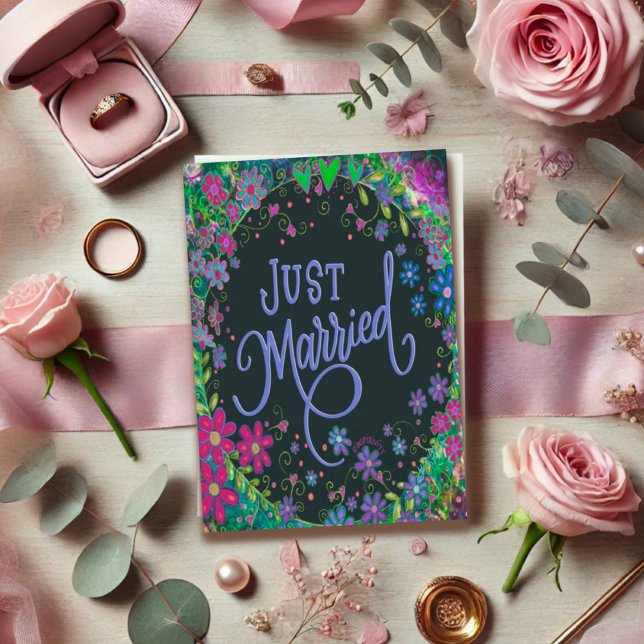 Just Married Pretty Floral Wedding Modern Boho  Card (Creator Uploaded)