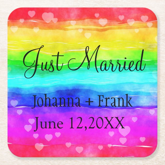 Just Married Rainbow Square Paper Coaster (Front)