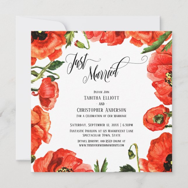 Just Married Red Poppies Wreath Reception-Only Invitation (Front)