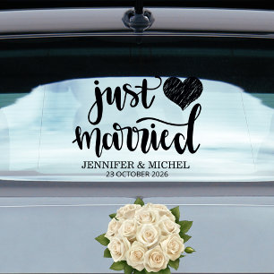 Just Married romantic black script wedding car