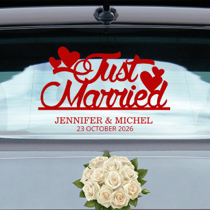 Just Married romantic red script wedding car