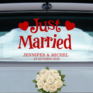 Just Married romantic red script wedding car
