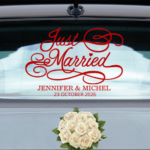 Just Married romantic red script wedding car