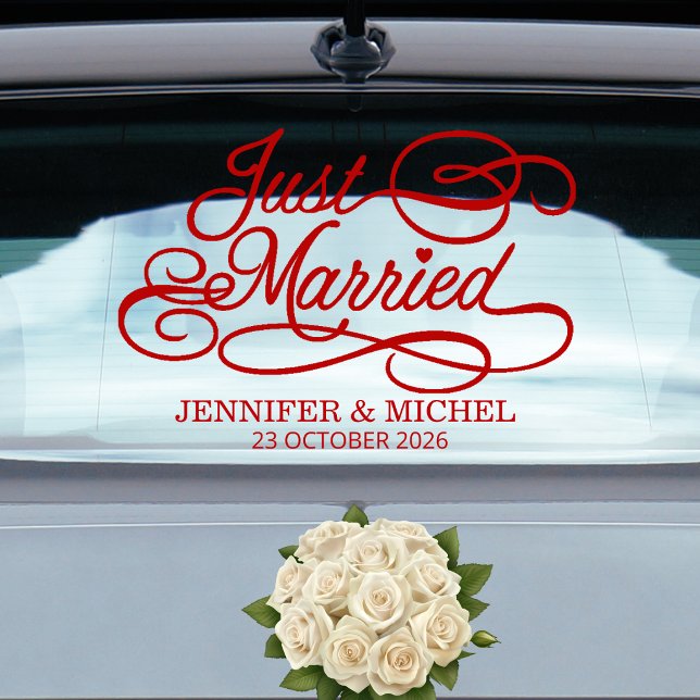 Just Married romantic red script wedding car (Creator Uploaded)
