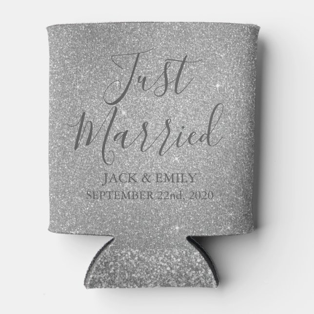 Just Married Romantic Silver Can Cooler (Front)