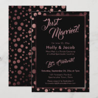 Just Married! Rose Gold Confetti Bubbles on Black