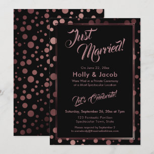 Just Married! Rose Gold Confetti Bubbles on Black Invitation