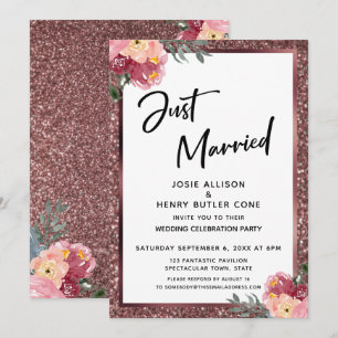 Just Married Rose Gold Glitter and Flowers Invitation