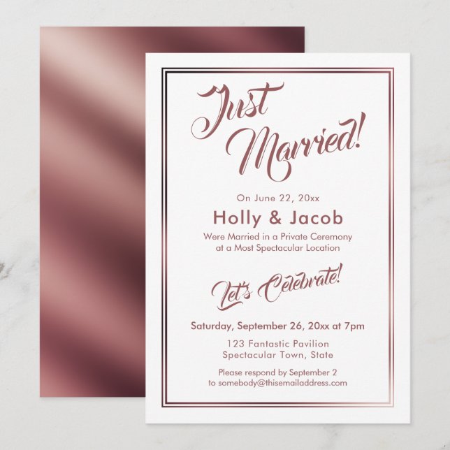 Just Married Rose Gold Over White, Reception Invitation (Front/Back)