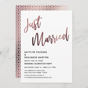 Just Married Rose Gold Wedding Reception Invitation