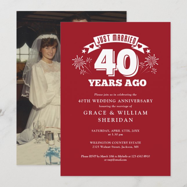 Just Married Ruby 40th Wedding Anniversary Photo Invitation (Front/Back)