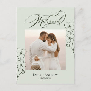 Just Married Sage Calligraphy Photo Announcement Postcard